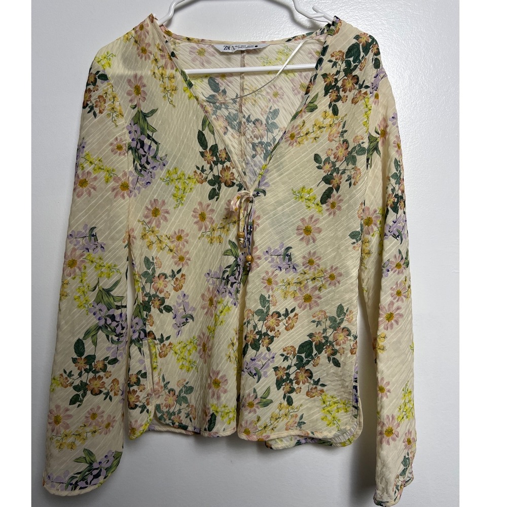 Zara Women S Floral V-Neck Tie Front Blouse Cream Long Sleeve Boho Top Fairycore